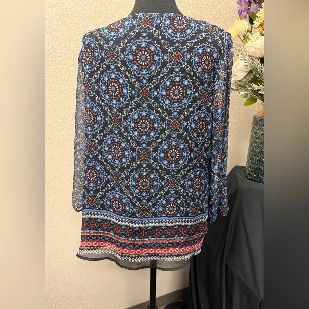 Croft & Barrow Floral Red & Blue Patterned Boho Style Tunic Top  Size L
